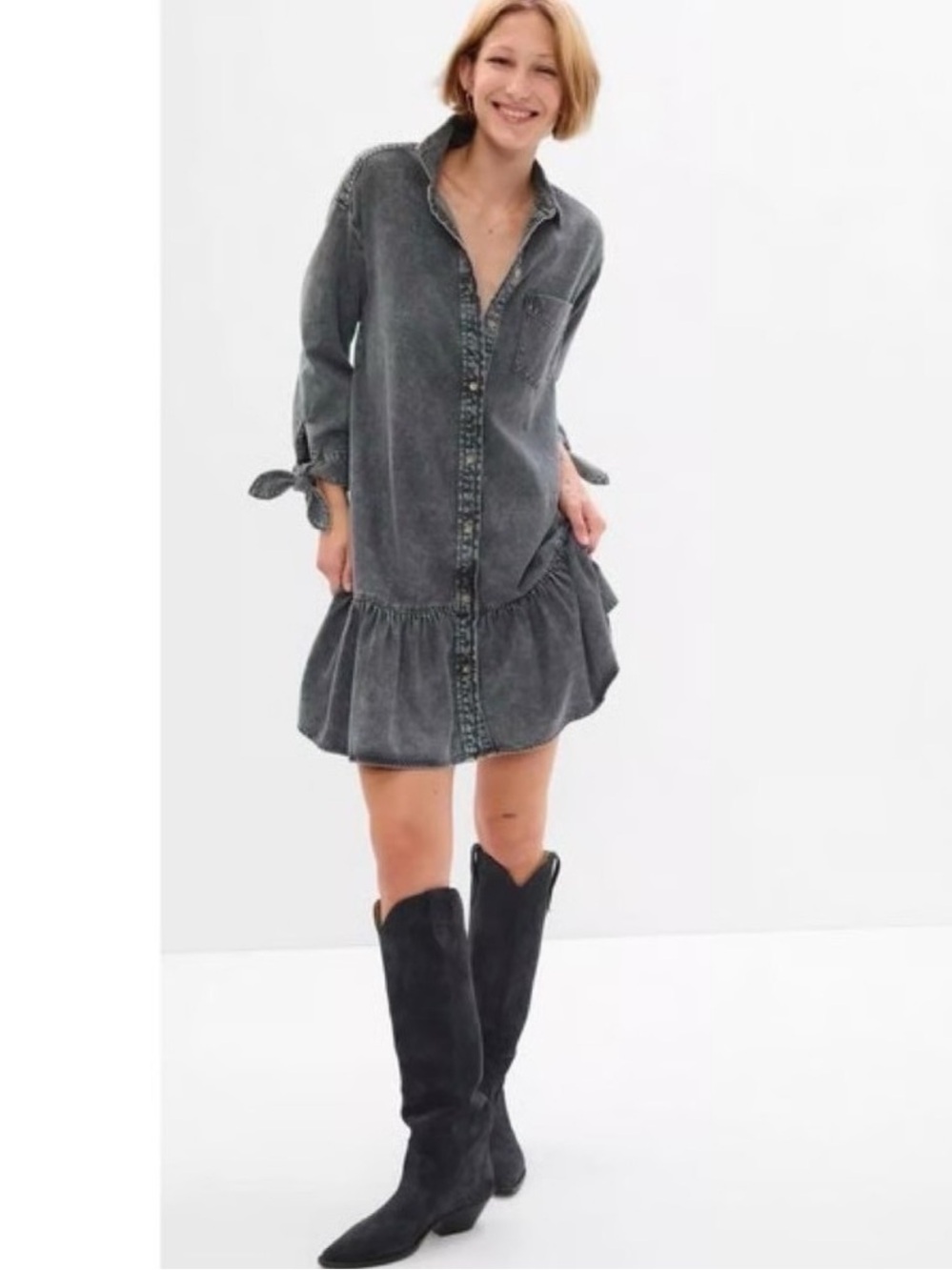 GAP‎ Grey Denim Shirt Flounce Dress Long Sleeve Ruffle Hem Western Womens Medium